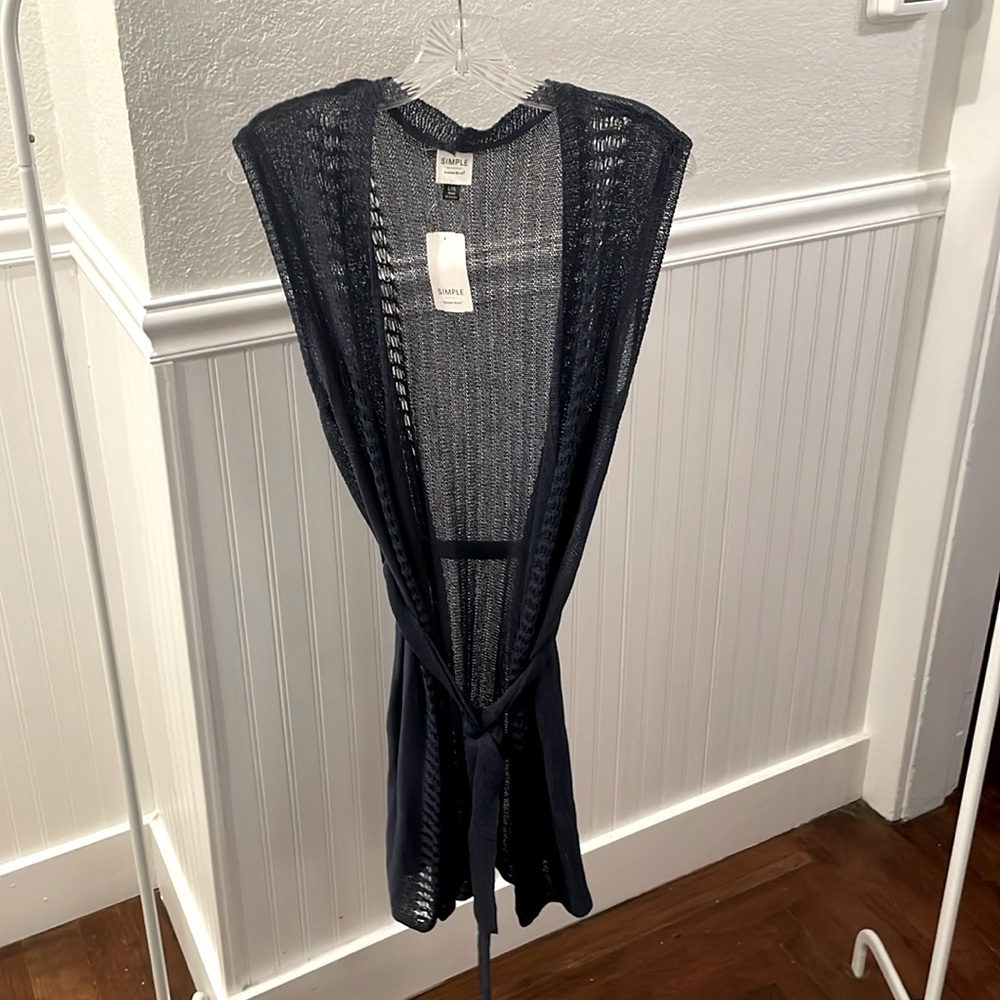 NWT Suzanne Betro Simple long sleeveless dark blue sweater coat with belt L/XL